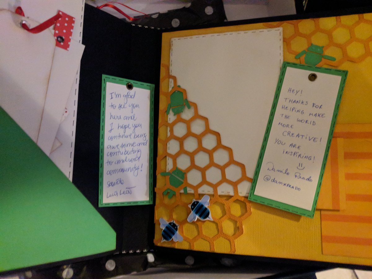 corey_latislaw's tweet image. Got a super sweet speaker gift! Handmade scrapbook with Android pages and handwritten thank you notes. 😂😍😭🤓 #AndroidDevConference