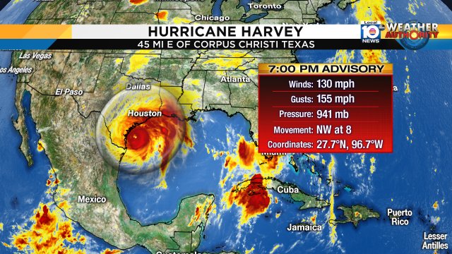 Hurricane Harvey becomes a CAT 4 with max. sust. winds of 130 mph. Landfall expected tonight along TX coast. https://t.co/LHXdBxtsvY