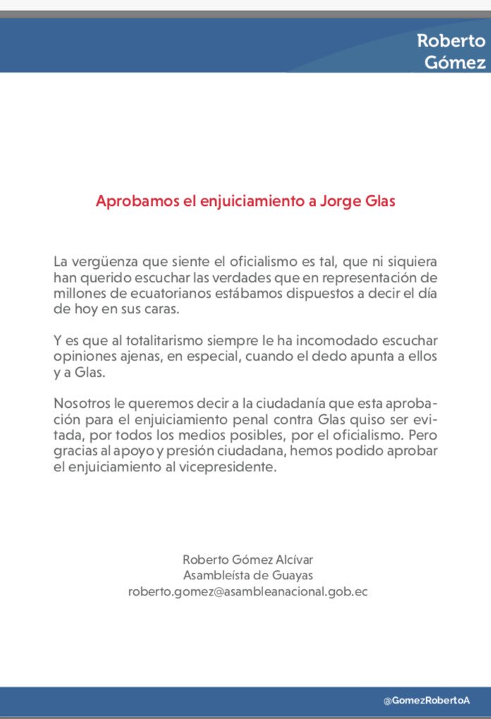 GomezRobertoA's tweet photo. Autorizamos el juicio penal a Jorge Glas, vp de la revolución ciudadana. Sin debate pues la vergüenza que sienten oficialistas pudo más. https://t.co/jQh5QDfI8w