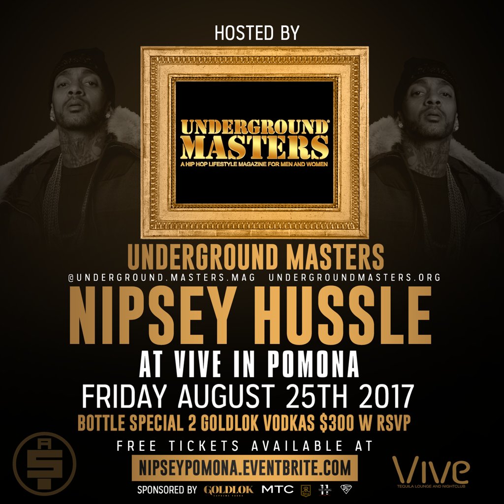 UndrgrndMasters's tweet photo. @NipseyHussle LIVE AT VIVE in Pomona. Get your tickets https://t.co/GnVEchZtzd #nipseyhussle #westcoast#pomonatown #undergroundmasters https://t.co/LsnJQhpclt