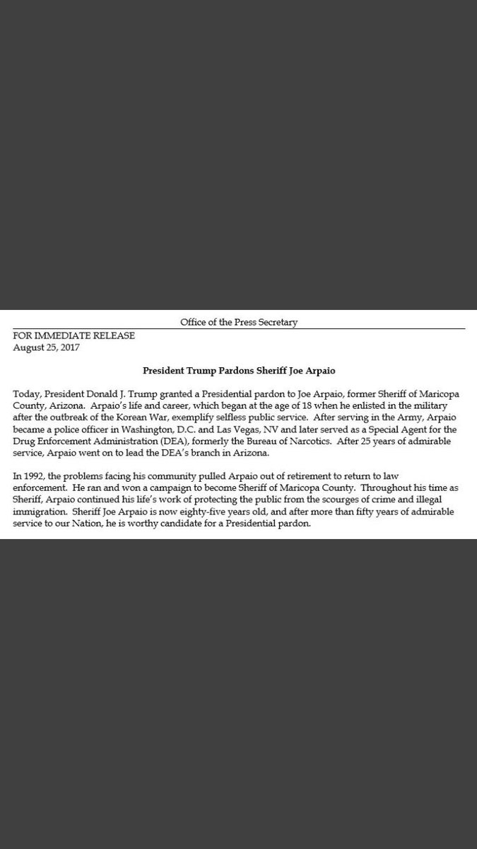 AlexNowrasteh's tweet photo. Trump pardons Arpaio. Immigration restrictionists don't care about the rule of law. https://t.co/c9guU5pfzd