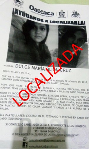 AEI_Oaxaca's tweet photo. Gpo #DNOL localiza c/vida a la menor DULCE MARÍA GIJÓN CRUZ (15a) concluyendo rep 179/RDNOL/2017
@alejandromurat
@RVasconcelosM
@JA_Yglesias https://t.co/YGGHzmFWlg