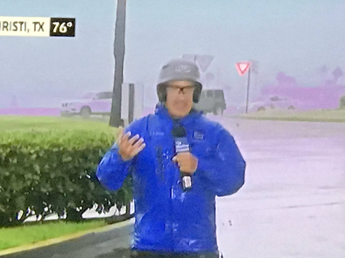 TexasHollie's tweet photo. .@JimCantore on helmet - "I added it to my arsenal because of debris." The only thing that would make it better is if it said #MTACA #Harvey https://t.co/tui5iJXO6w