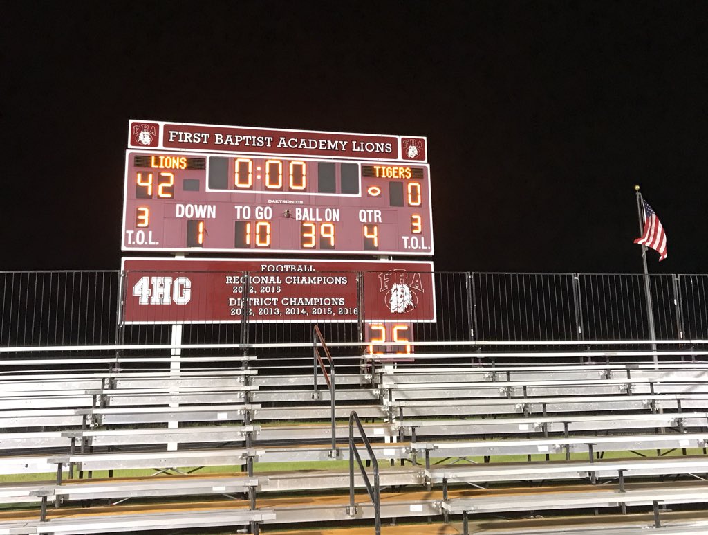 FBA_Athletics_'s tweet photo. Week 1 for FBA ends 42-0! Great win for the Lions. Catch FBA next Friday vs. @BarronCollier #DenDefended https://t.co/mTvTw3fxVY