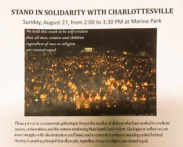TmhsGo's tweet photo. Join us on Sunday, August 27 from 2-3:30PM at the Marine Park in order to demonstrate our solidarity with Charlottesville. Spread the word! https://t.co/l22mAn8LUC
