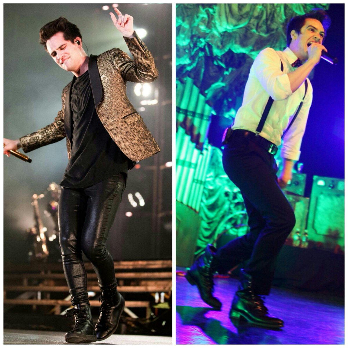 panicatourdisco's tweet photo. DOAB (leather pants/gold jacket) vs Vices (suspenders/bow tie) who wins?👀 #panicatthedisco #brendonurie #doab #tour #vices #doabtour https://t.co/4oewu4lerN