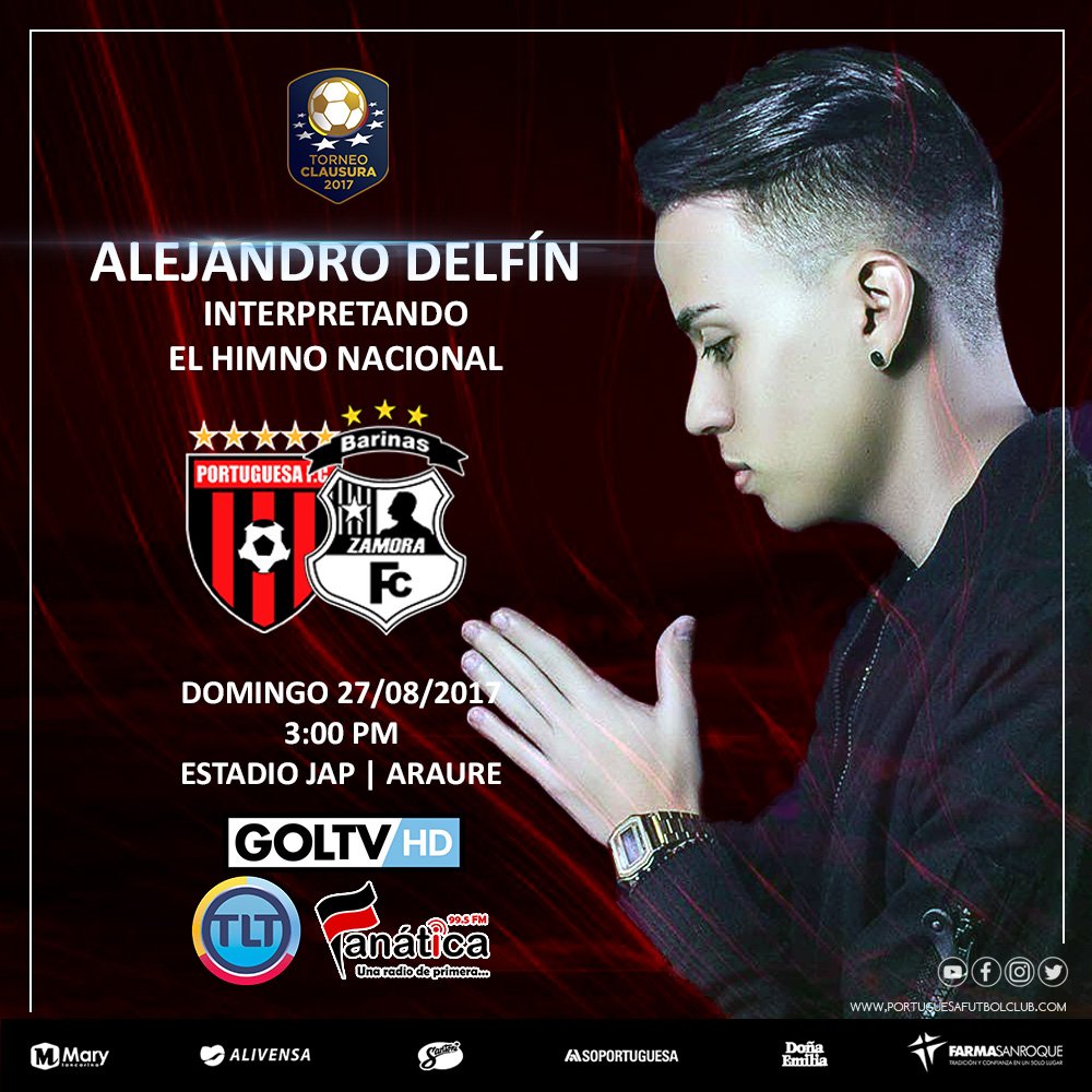 Portuguesa_FC's tweet photo. 🎤: ¡Alejandro Delfín será el encargado de interpretar el Himno Nacional en el partido de mañana en el mítico! #FutVE 

#PORxZFC 🔥 https://t.co/b9U4W9i6Fd