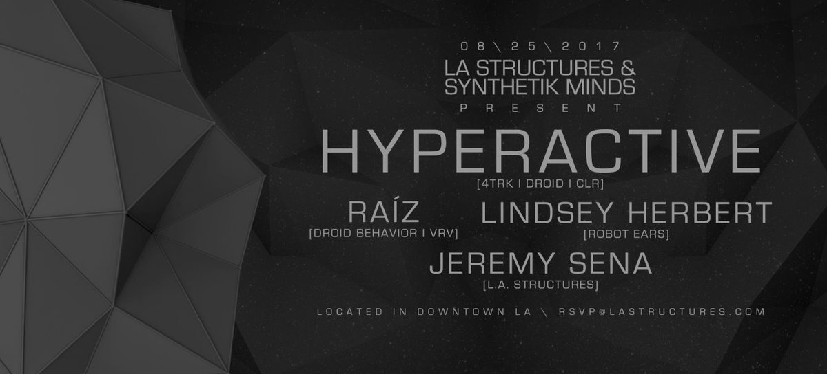 LAWaldooo's tweet photo. TONIGHT
#LAStructures @synthetikminds 
@djhyperactive @raiz_droid @_lindseyherbert #JeremySena
Tix: https://t.co/DU80u6cfK1
#LAWaldo https://t.co/FfMaDj9p7h