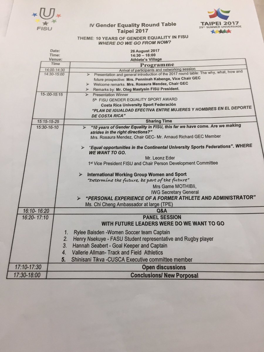 henrynsek's tweet photo. #NowHappening
IV Gender Equality Round Table
#GECTaipei
Humbled to be one of the panelists. #SUTaipei2017 @FISUnetwork https://t.co/xzbWPfdilt