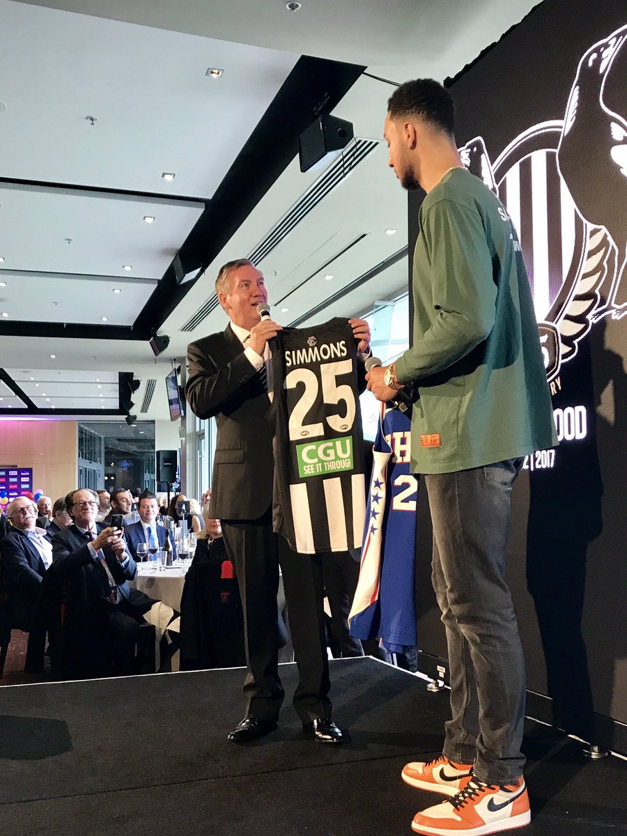 CollingwoodFC's tweet photo. We've got a very special guest in the President's Function. He's a Magpie man + we're very happy to have him. Welcome @BenSimmons25! #gopies https://t.co/47jAT08az9