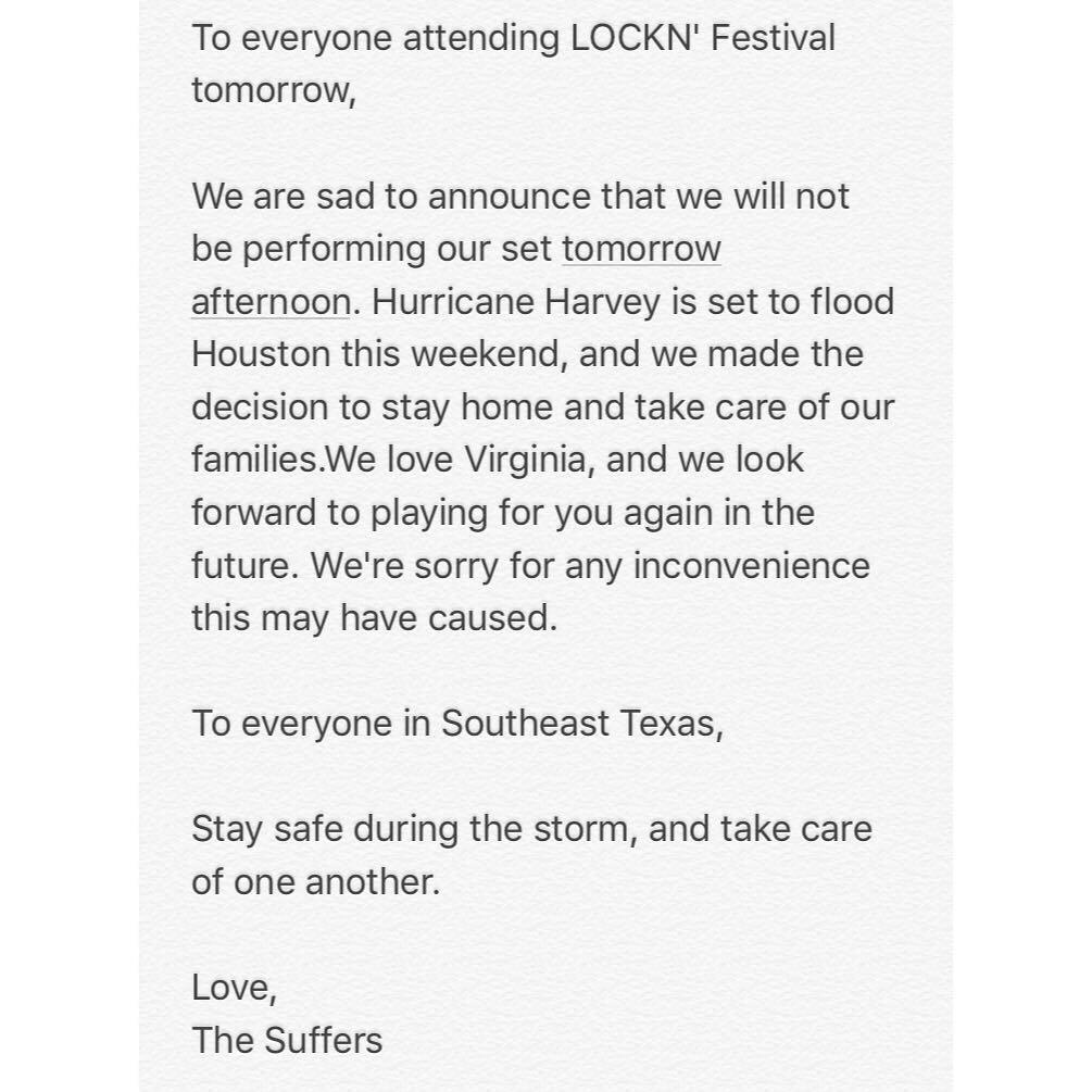 Sending love to <a href="/TheSuffers/">The Suffers</a> and all of our friends and family in Texas during this difficult time as Hurricane Harvey approaches.