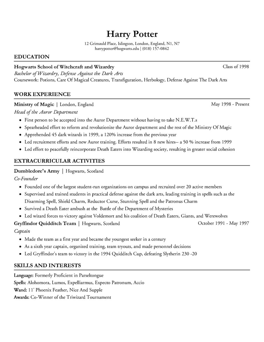ResumeGem's tweet photo. @jk_rowling We used our resume builder to create Harry's resume. Hope you look it! https://t.co/WhdG2ZyC8h