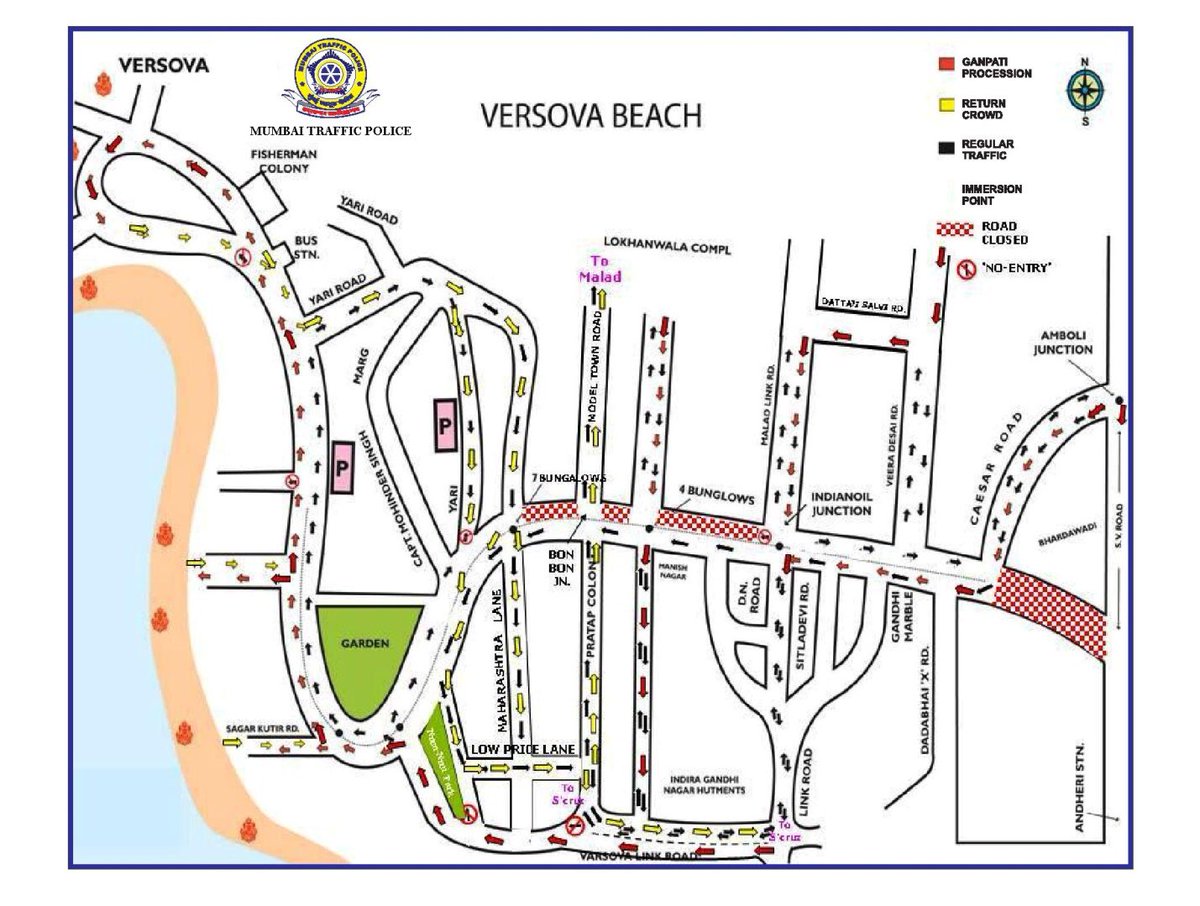 MumbaiPolice's tweet photo. Traffic guidelines/ diversions on Ganpati immersion routes today for devotees heading towards Versova/Juhu beach, Sheetal Talao &amp; Powai Lake https://t.co/RJBva4xfEw