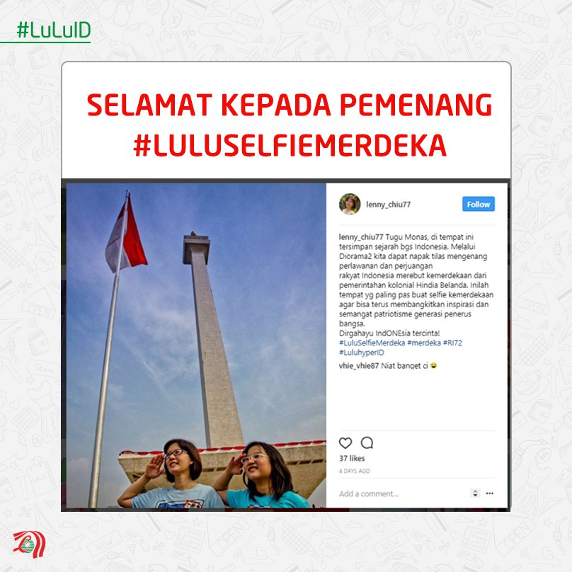 LuLuHyperID's tweet photo. Selamat kepada @lenny_chiu77 yang memenangkan #LuLuSelfieMerdeka di Instagram! #LuLuHyperID! #HappyAtLuLu https://t.co/KWYGlVSCKb