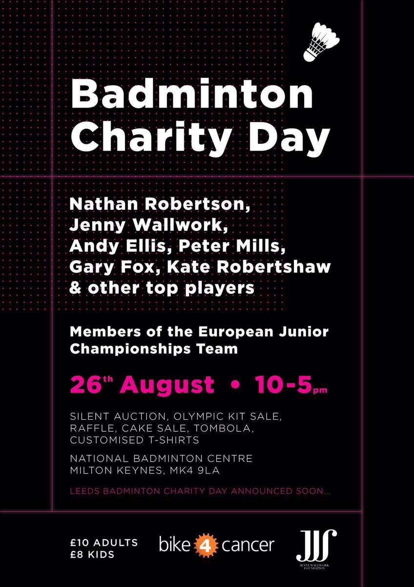 Charity day is TODAY!🎉See you at the National Badminton Centre for a day of fun, challenges, prizes &amp; cake! <a href="/Bike4CancerUK/">Bike 4 Cancer</a> <a href="/Nath_Robertson/">Nathan Robertson OLY</a>