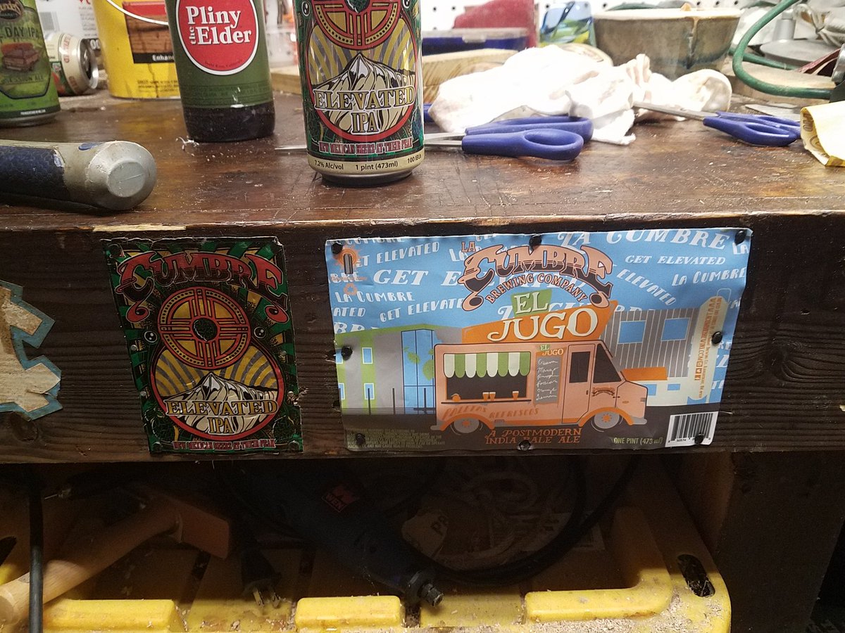 JasonTCurtis's tweet photo. Turning empty cans of @LaCumbreBrewing #ElevatedIPA and #eljugo into permanent art fixtures on my work bench. ๐ u guys
#nmcraft
#CraftBeer https://t.co/qrV4Jj2vbo