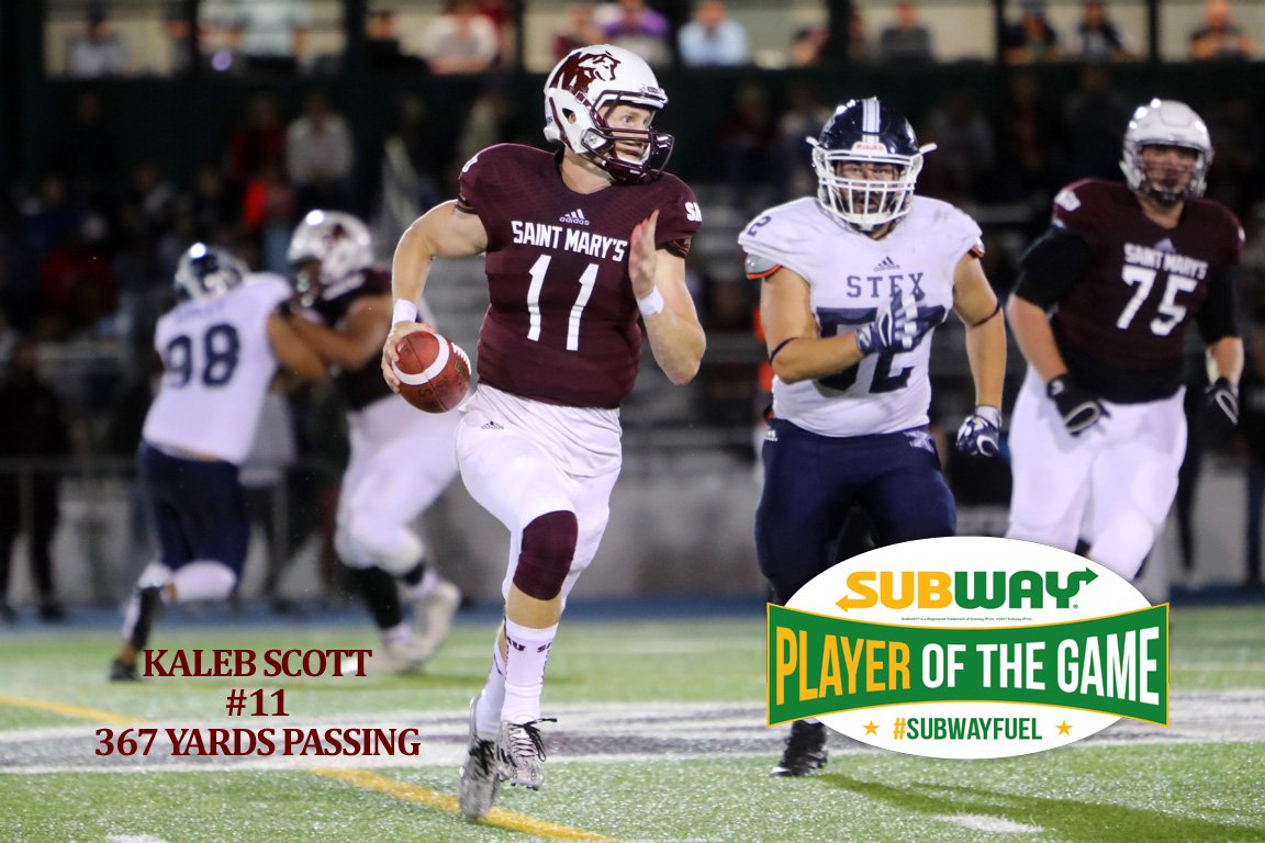 SMUHuskies's tweet photo. Football Week #1 - Subway Player of the Game, QB Kaleb Scott - 367 passing yards, 86 rushing yards @AUS_SUA #SubwayFuel https://t.co/0lRx64Dlm3
