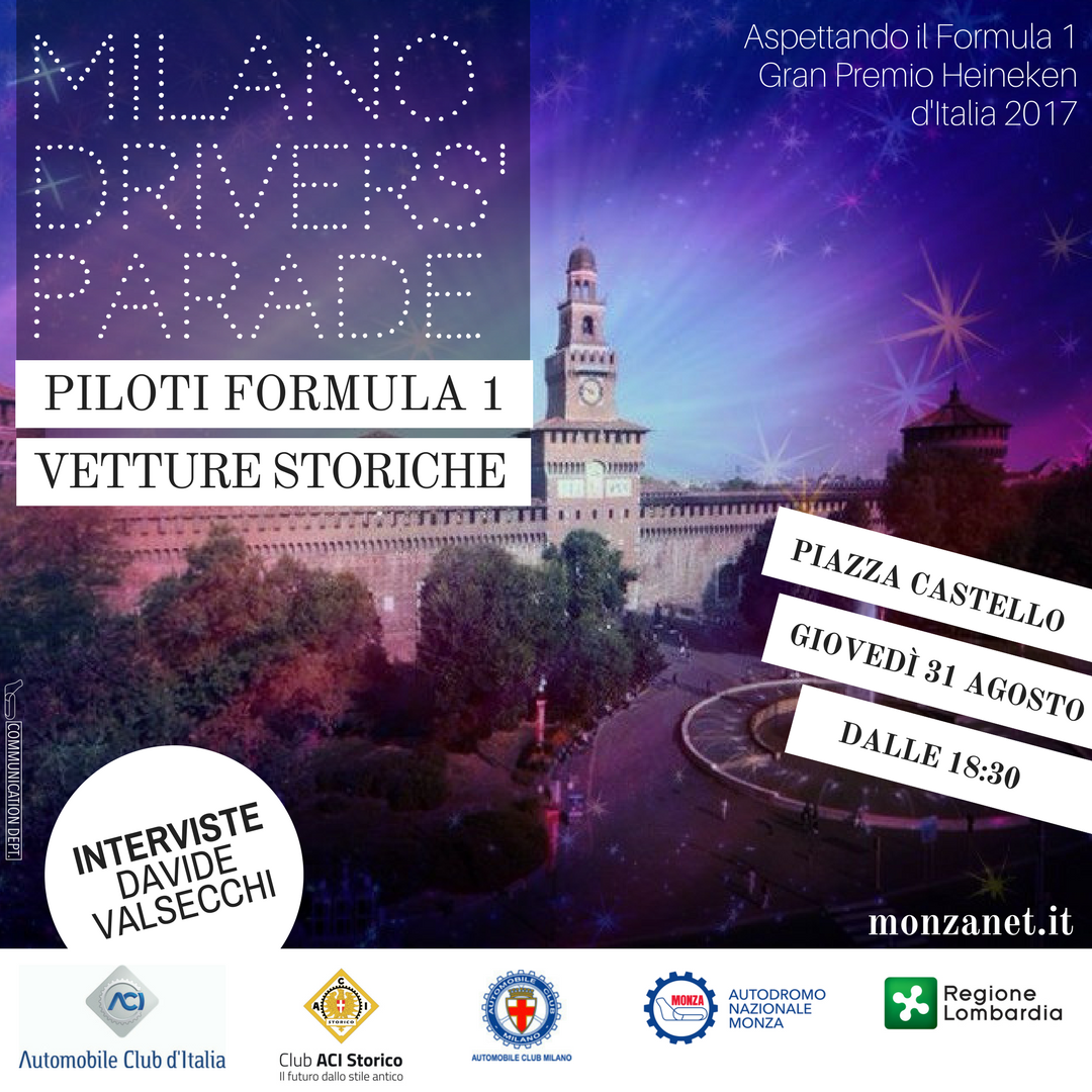 Autodromo_Monza's tweet photo. 13 piloti di #F1 e altrettante auto storiche al Castello Sforzesco 😮 Diamo il benvenuto a #ItalianGP con la Milano Drivers' Parade! #MonzaF1 https://t.co/ZpO22OFgKw