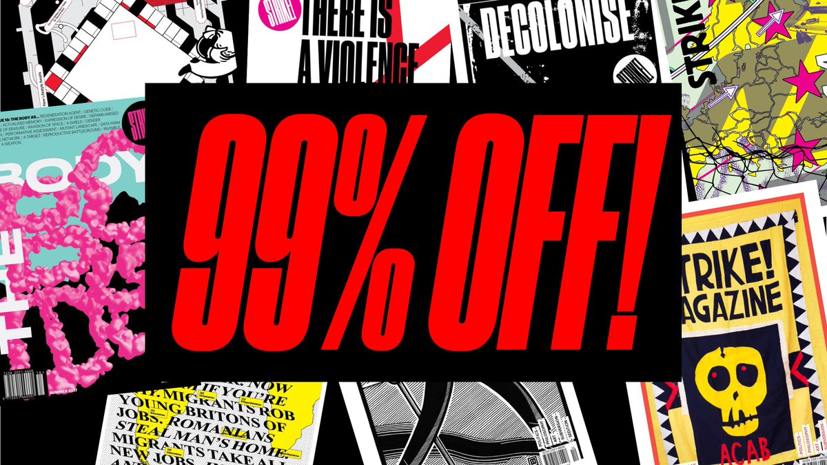 strikeyo's tweet image. 📢 99% OFF ALL MAGAZINES UNTILL MIDNIGHT ON MONDAY 💥
Discount code: EATTHERICH
⚡ Holidarity with the workers!⚡ strikemag.bigcartel.com