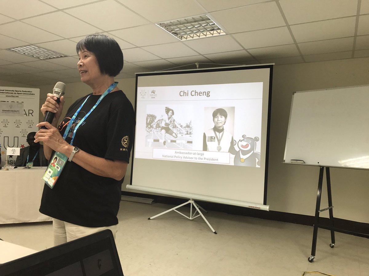 rs1elvis's tweet photo. Former Olympic athlete/medalist ambassador-at-large (presidential advisor) Chi Chen shares personal experiences. @FISUnetwork #GECTaipei https://t.co/ChJFactijR