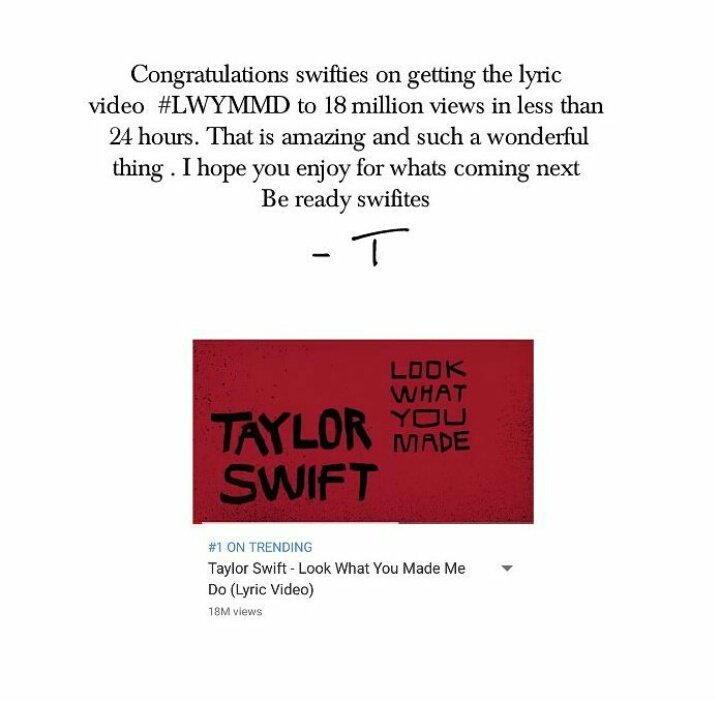 _REPUTATIONTOUR's tweet photo. CONGRATULATIONS SWIFITES ❤

#LWYMMDvideo #LookWhatYouMadeMeDo https://t.co/pLMSV7AzU4