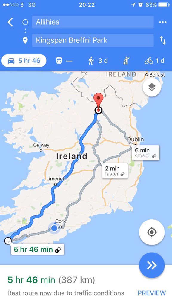 This is the six-hour journey Cork's Aine T O'Sullivan will take to play the All-Ireland SF. She might aswell head for Madison Square Garden!