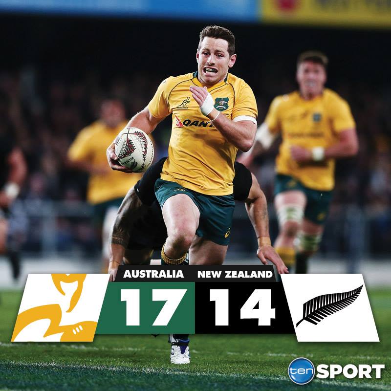 10SportAU's tweet photo. HALFTIME | @qantaswallabies lead the @AllBlacks 17-14 at half-time on the back of a hot start - with tries to Folau, Hooper &amp; Foley #NZLvAUS https://t.co/uWTarhcciV