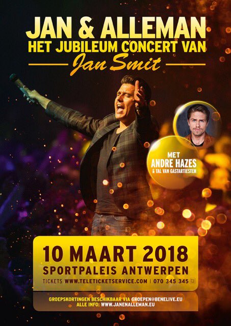 JAN SMIT (@jansmit) on Twitter photo Vol trots mag ik de eerste gastartiest aankondigen voor mijn concert in het @SportPaleis! <a href="/AndreH6Jr/">André Hazes</a> is er ook bij op 10 Maart in Antwerpen! Vol trots mag ik de eerste gastartiest aankondigen voor mijn concert in het @SportPaleis! <a href="/AndreH6Jr/">André Hazes</a> is er ook bij op 10 Maart in Antwerpen!