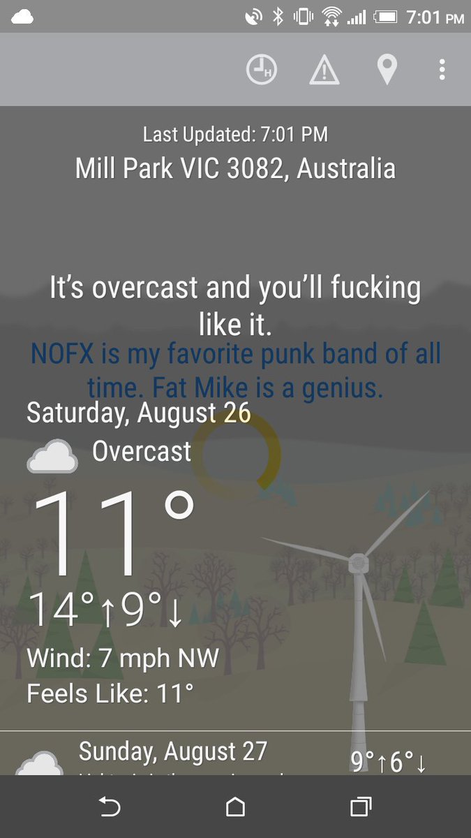 Fallenangellost's tweet photo. Hey @FatMike_of_NOFX went to check the weather in Melbourne and this came up on the app I have https://t.co/JBcRF08MBD
