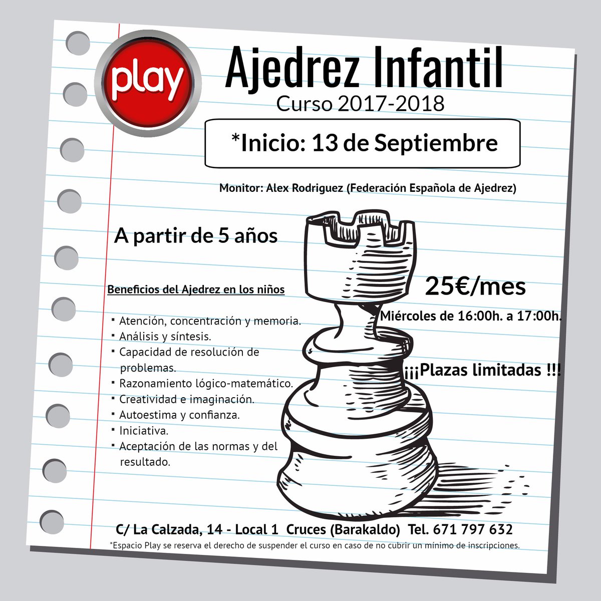 EspacioPlay's tweet photo. El Ajedrez: Más que un juego de niños.
¡¡¡Abierto periodo de inscripción!!!
Plazas limitadas.
Inscripciones:  Tel./Whassap: 671 797 632 https://t.co/sIbmXMyq3x