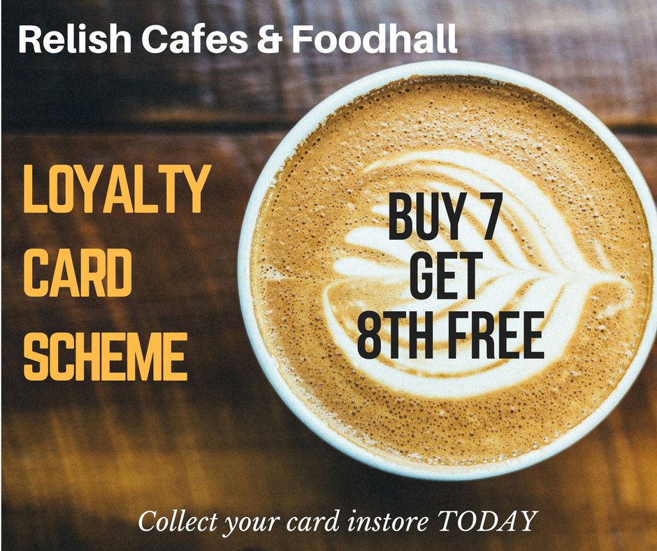 CafesRelish's tweet photo. LOYALTY CARD 
Relish has their own loyalty card programme. Buy 7 cups of coffee or tea and get the 8th free.  Find the cards in store https://t.co/jxp53vldTZ