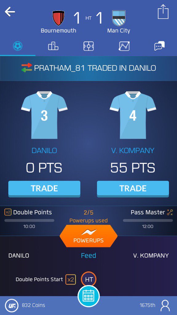 Prathams417's tweet photo. Just used my powerups on Danilo on @ultimatefanlive for Bournemouth vs Man City https://t.co/P90mlm7Tli https://t.co/mVyjSpCAZV