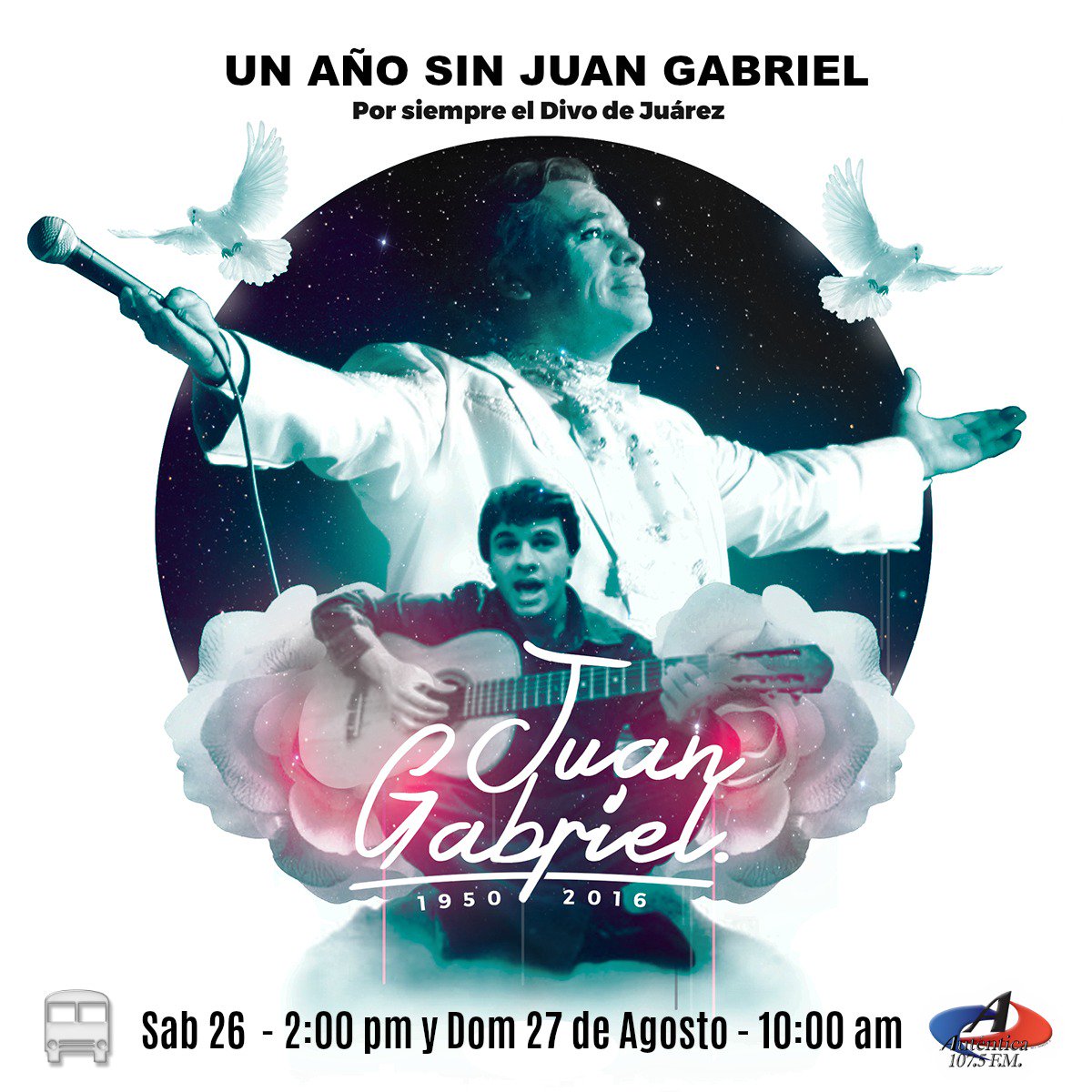 elautobus101's tweet photo. JUAN GABRIEL - 1ER ANIVERSARIO  
Sábado 26 - 2:00 pm y Domingo 27 de Agosto - 10:00 am
Por Autentica 107.5 Maracay https://t.co/axWT54D2DP