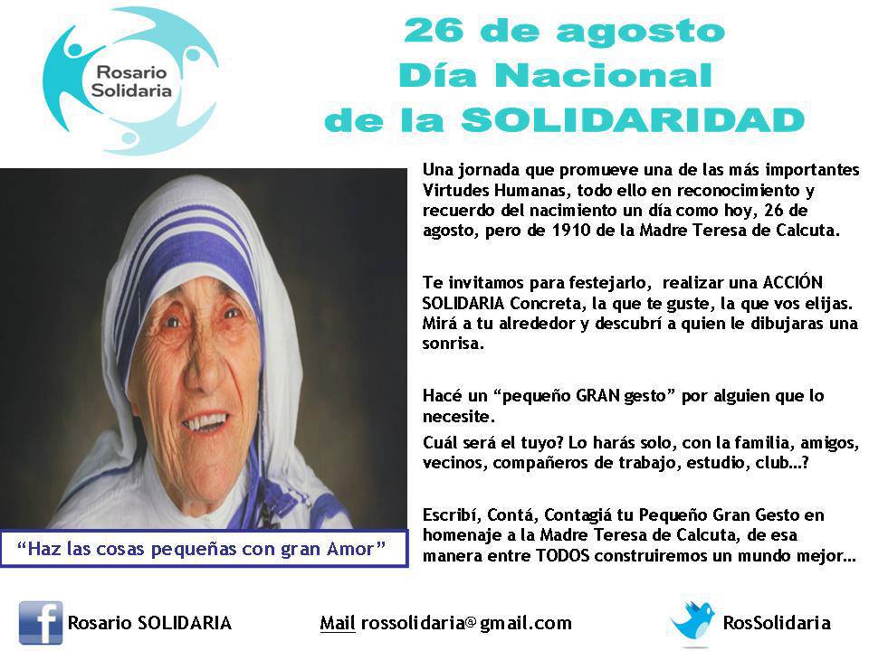 📍sab 26A #DIADELASOLIDARIDAD en homenaje al nacimiento de la #madreTeresa! 
💛A celebrarlo con un pequeño gran gesto p/alguien q lo necesite💚