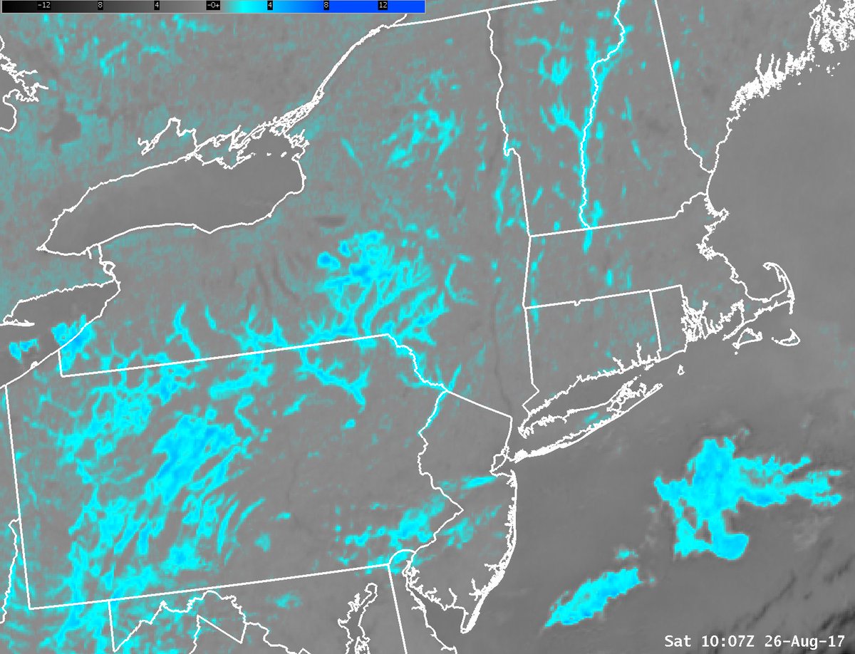 NWSBoston's tweet photo. [630a] Dense fog w/n low lying valleys denoted in the cyan-blue; visibility down to ¼ mile in spots; via goes-16 #PreliminaryNonOperational https://t.co/iJBEqi7xEV