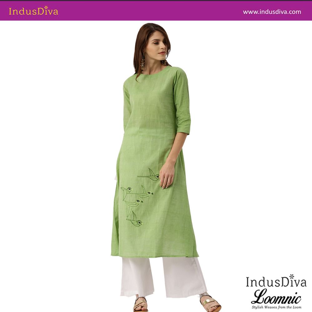 IndusDiva's tweet photo. Celebrate Greenery wearing this cool #Earthymangalgiri kurta, styled with exquisite hand-embroidery. Exclusive @Myntra. #IndusDiva https://t.co/nCYoyVZJmg