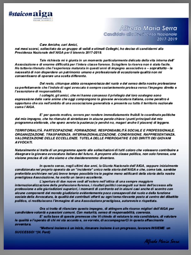 Di seguito, la presentazione della candidatura alla presidenza AIGA <a href="/giovaniavvocati/">AIGA GiovaniAvvocati</a> dell'amico e Collega <a href="/alfredoserra11/">Alfredo Serra</a> #staiconaiga