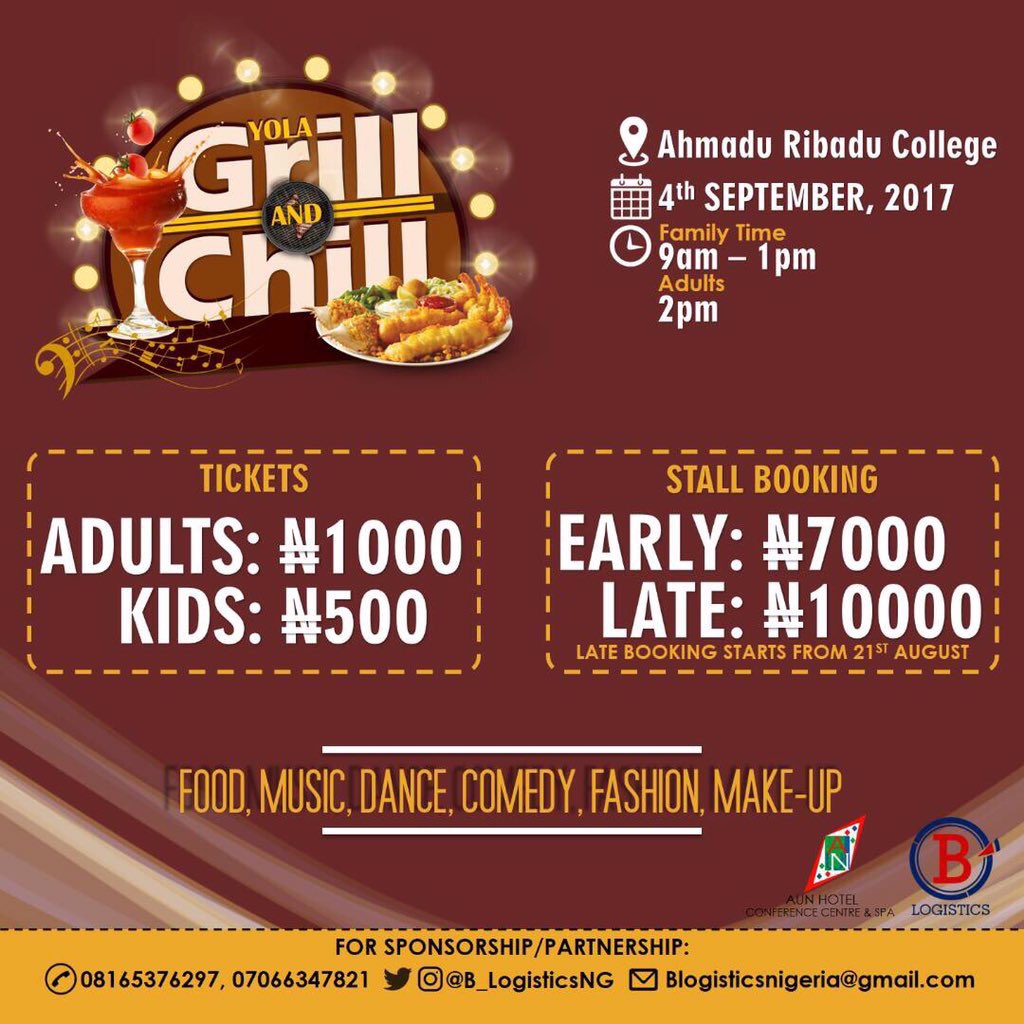 aun_sga's tweet photo. Thinking of places to go to this sallah? Don't run out of options, @B_LogisticsNG gat you. Itz Yola Grill and Chill !! You have to be there! https://t.co/HWJC6wA8ii