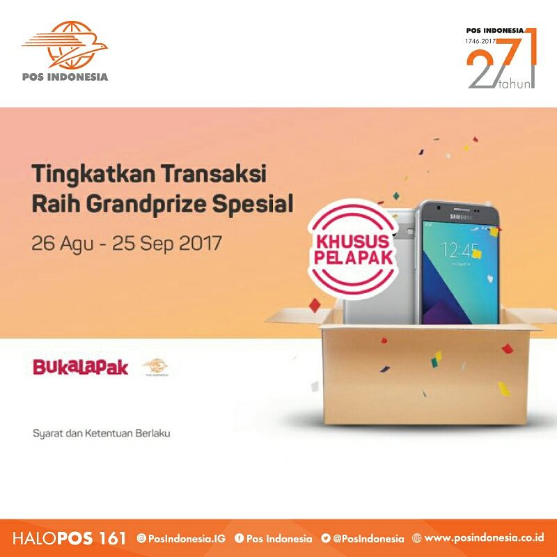 PosIndonesia's tweet photo. Memperingati layanannya yang ke β 271 tahun, Pos Indonesia memberikan kejutan dan promo menarik bagi para pelapak dan pembeli di Bukalapak. https://t.co/Ld3338TR6a