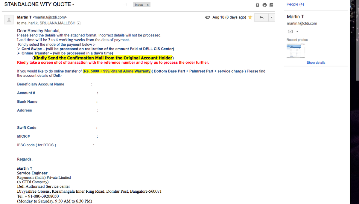 RevathyLM's tweet photo. @DellCares @Dell Here is the screenshot of the email from the service center (6) https://t.co/4OeZLHEEYL