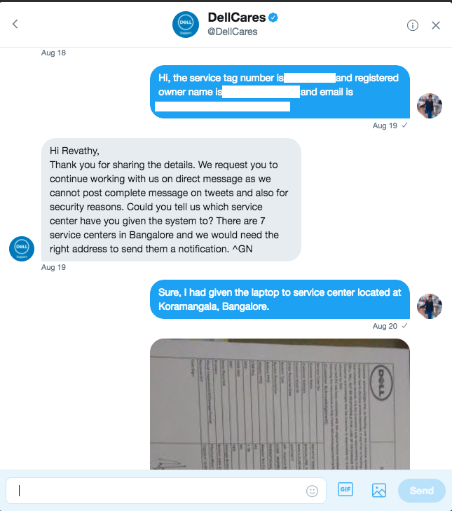 RevathyLM's tweet photo. @DellCares @Dell Am attaching the screenshot of conversation between me and @DellCares &amp; the email from service center (5) https://t.co/CyA4Cvb0Ao