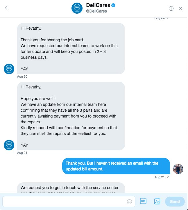 RevathyLM's tweet photo. @DellCares @Dell Am attaching the screenshot of conversation between me and @DellCares &amp; the email from service center (5) https://t.co/CyA4Cvb0Ao