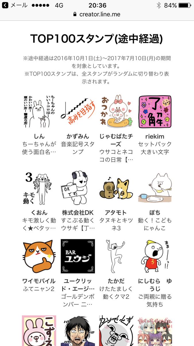 お!うちの子がLINEスタンプアワードのトップ100の途中経過になんとか食い込んだらしい!!ままーっ! 