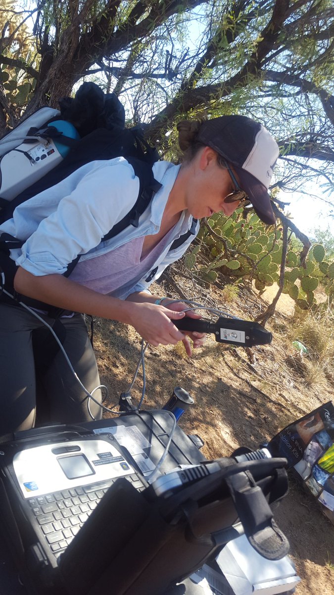 DJPMoore's tweet photo. Martha Gephardt from @uasnre sets up the second field spec for her vegetation & soil spectral project @rachelgallerys @NEON_sci #SRER https://t.co/7PIpoHR2Fn
