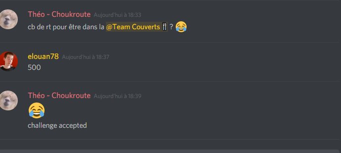 Choukrouteuh's tweet photo. Si j'ai les 500 rt LesCouvert me met le grade Team Couvert sur leur discord ! :D JE FOLLOW CE QUI RT ! cc @elouan_78 @Xraider70 @FaidenIG https://t.co/Ak3z51moTn