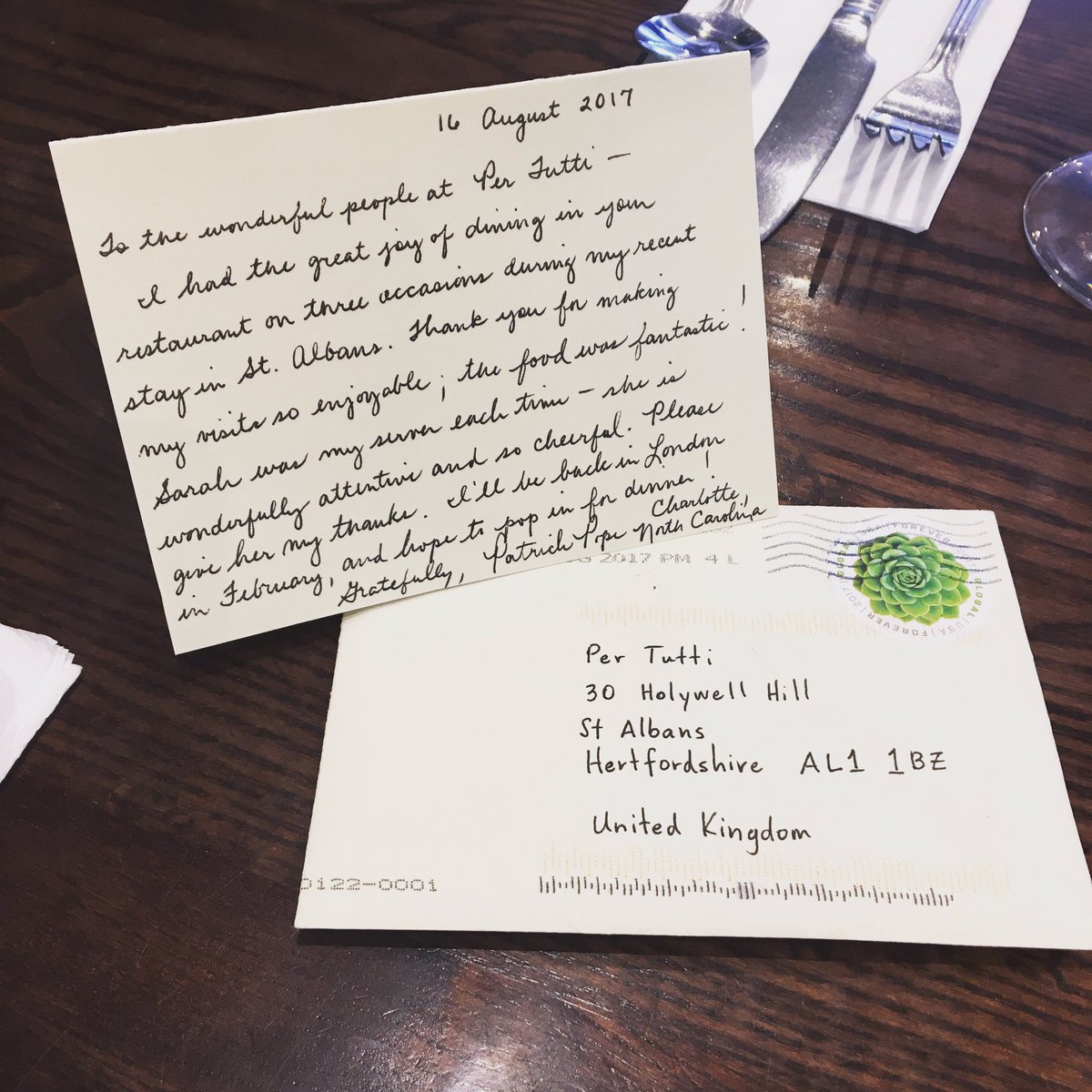 Thank you card all the way from North Carolina! 📩📭#happycustomer #StAlbans #italianfood