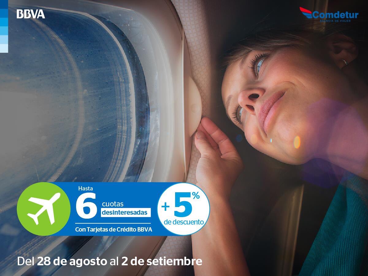 comdetur's tweet image. Al destino que elijas con Comdetur y tus Tarjetas de Crédito BBVA, pagando del 28 de agosto al 2 de setiembre y  5% de descuento