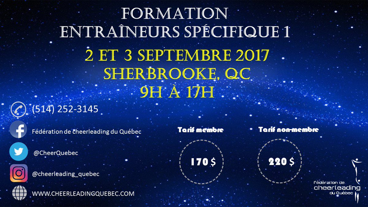 CheerQuebec's tweet photo. Plus qu'une semaine avant la formation entraîneur Spécifique 1 de Sherbrooke. Êtes-vous inscrit? Date limite : 30 Août 2017 https://t.co/3gwrUDjeqc