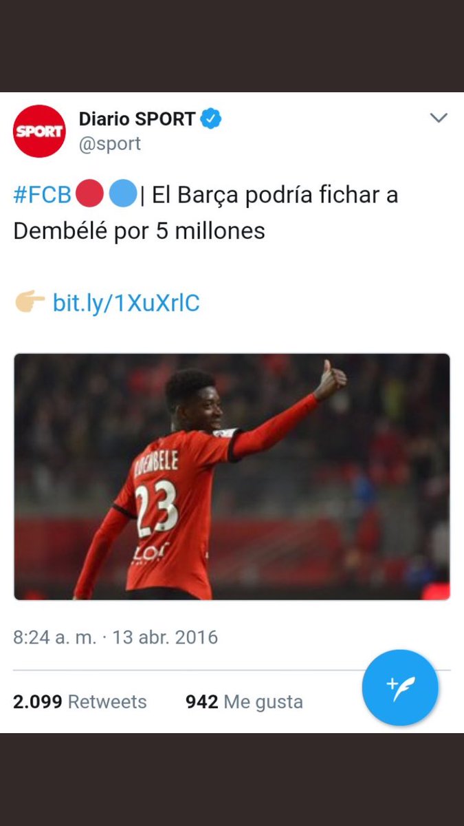 978Futbol's tweet photo. Según SPORT hace 499 días el Barcelona pudo haber fichado a Dembélé por 5 millones. Hoy anunciaron su fichaje por 120 + 30 en variables. https://t.co/c2qkn889iM