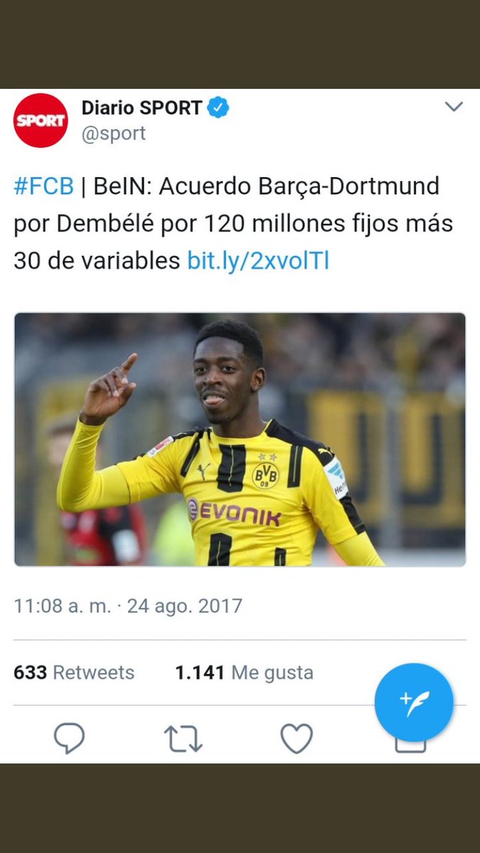978Futbol's tweet photo. Según SPORT hace 499 días el Barcelona pudo haber fichado a Dembélé por 5 millones. Hoy anunciaron su fichaje por 120 + 30 en variables. https://t.co/c2qkn889iM